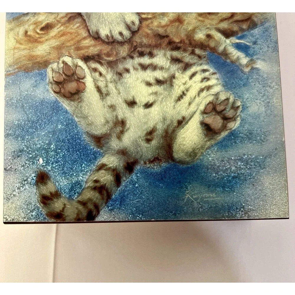 Vintage  Wooden Cedar  White Tiger Cub Hanging On A Branch  Trinket Jewelry Box